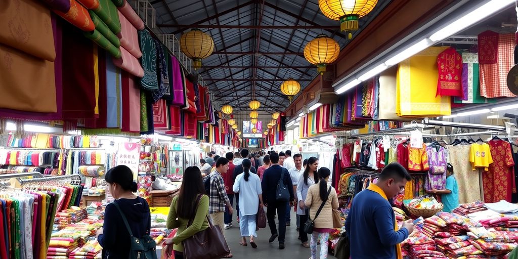 Indoor market with silk fabrics and souvenirs