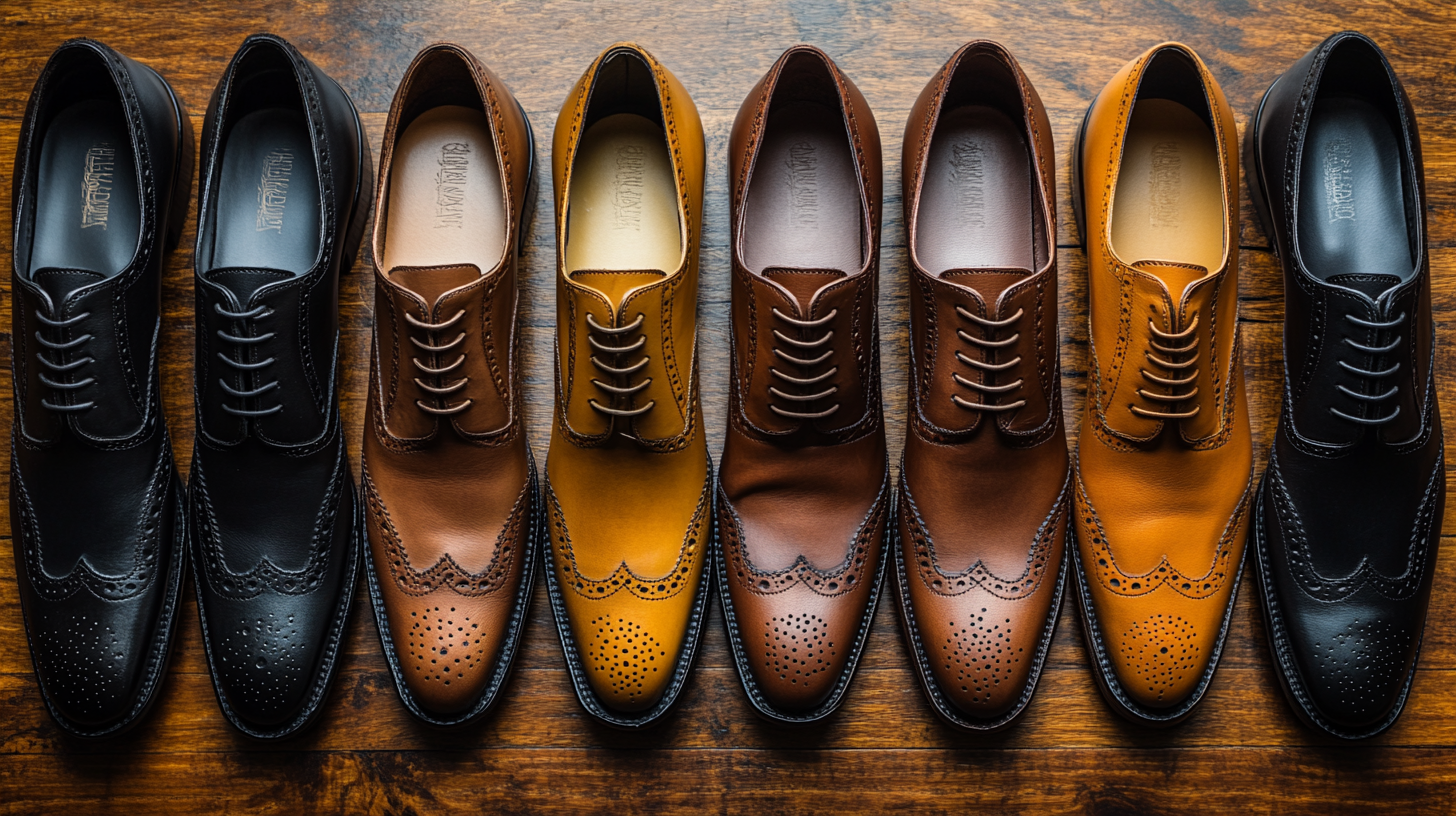 A collection of wedding shoes arranged neatly on a wooden surface. Each pair of shoes is neatly placed with their laces tied: black leather shoes, brown leather shoes, tan leather shoes, and classic leather loafers. The shoes are displayed to highlight their quality, with each pair carefully arranged for an elegant, polished look.