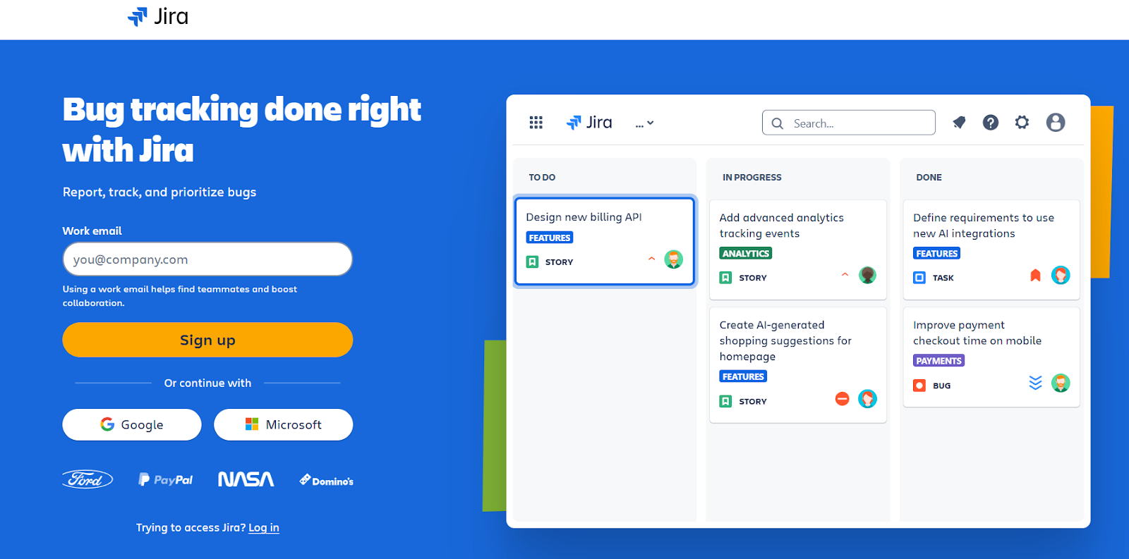 Screenshot of Jira's PPC ad landing page for bug tracking tools
