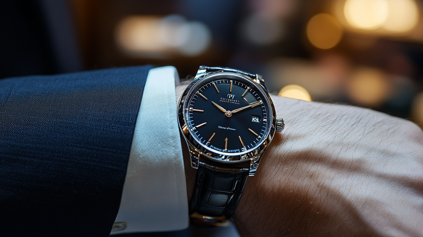 
A well-dressed man wearing a tailored navy blue wedding suit, complemented by a sleek, classic watch. The timepiece features a simple silver or leather strap, adding a touch of sophistication to the elegant look. The man's wrist is subtly highlighted as he adjusts his cufflinks or checks the time, showcasing the refined details of his ensemble. The deep navy fabric contrasts beautifully with the polished watch, enhancing the overall style. The softly blurred background suggests a luxurious wedding setting with warm ambient lighting. Photorealistic, ultra-HD, cinematic lighting