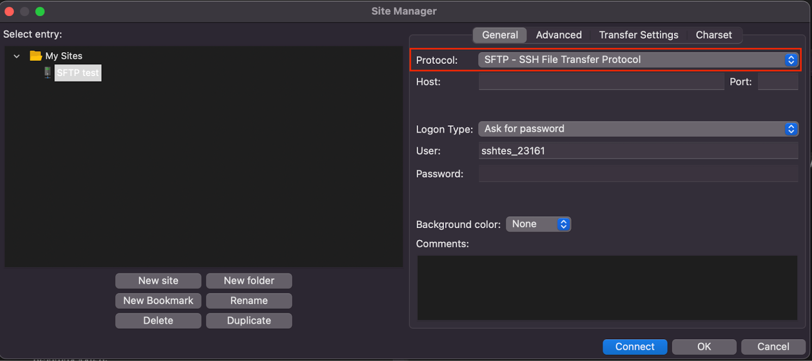 Image showing the site manager in FileZilla.