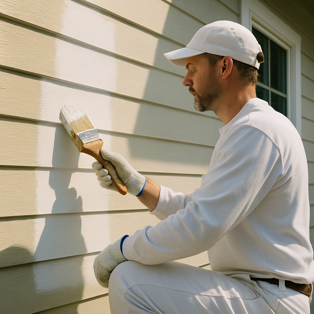 Professional painter applying fresh coat of paint on house exterior