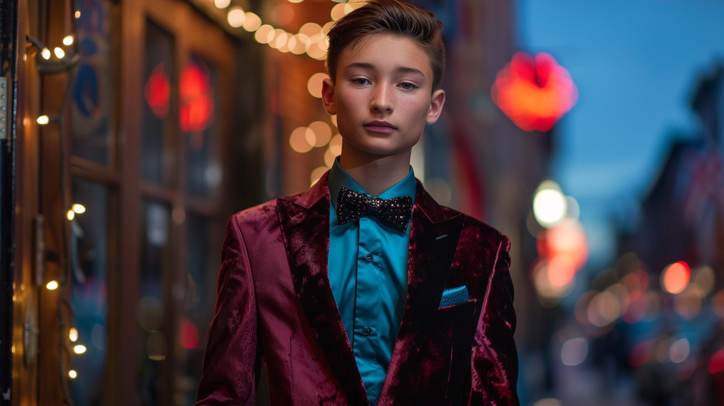 A teenage boy in a bold modern prom tuxedo--velvet or patterned jacket, slim fit, vibrant color like burgundy or teal. Fun but polished look, school dance or prom setting with lights.