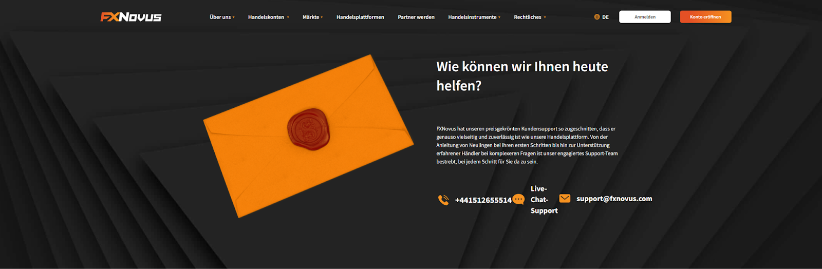 Besuchen Sie die „Kontakt“-Seite von FXNovus für weitere Informationen zur Marke