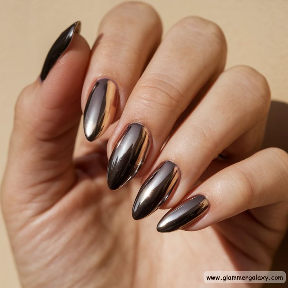 Almond Shaped Nails having Sophisticated Brown Chrome