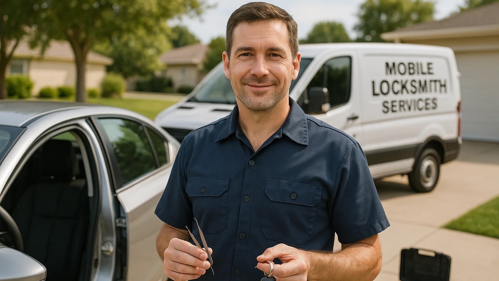 Locksmith in uniform preparing to repair a broken car door lock in a suburban driveway