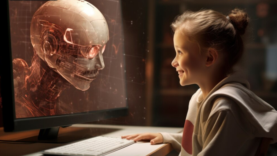 A child looking at a computer screen

Description automatically generated