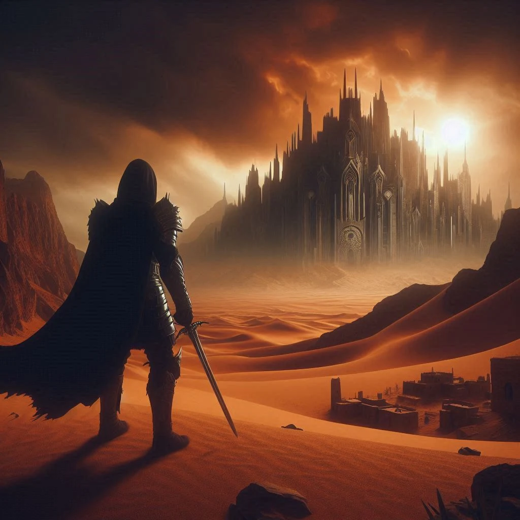 A warrior in the desert staring at an ominous city