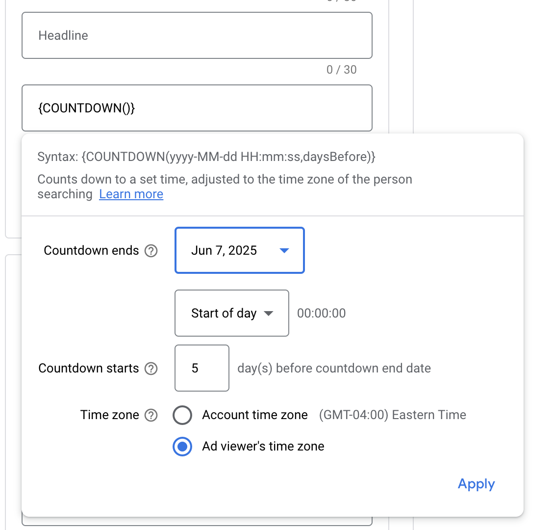Showing the dialogue box for the Countdown Customizer.