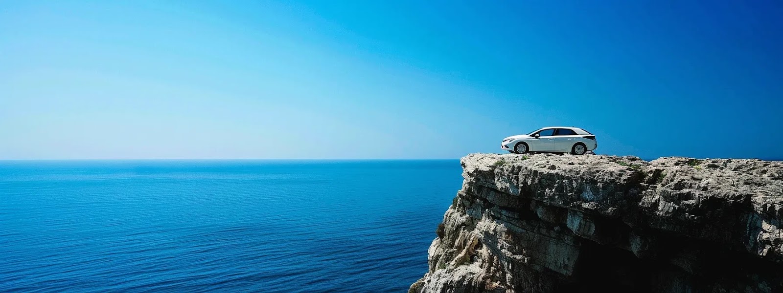 a car sitting on a cliff with a clear blue sky in the background, symbolizing the choice between full coverage and liability insurance.