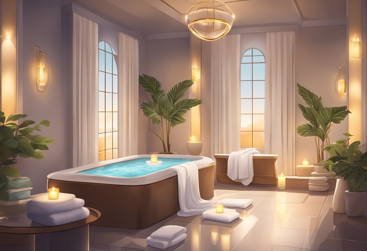 A serene spa setting with candles, soft lighting, and luxurious amenities, such as plush robes and fluffy towels, creating a relaxing and indulgent atmosphere for special occasions