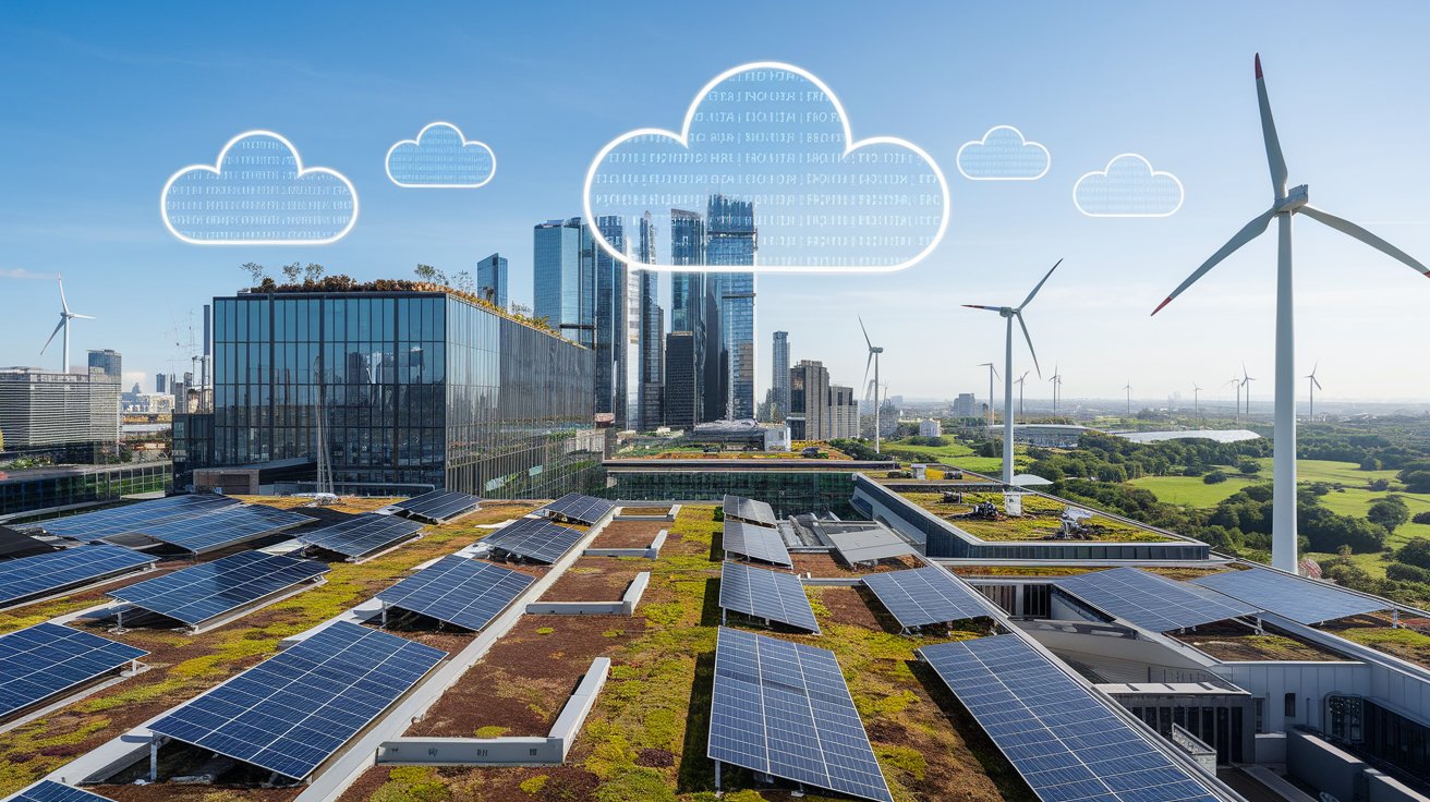 A futuristic city showcasing trends and predictions for green cloud computing with renewable energy and AI integration.