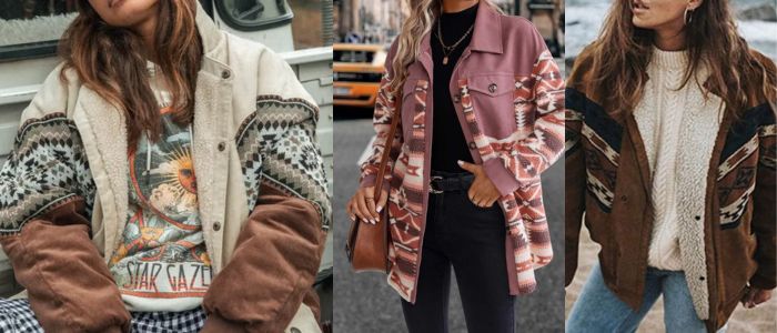 A triptych of women wearing polar fleece jackets with Aztec-inspired patterns. One is cream and brown, one is pink, and one is dark brown.