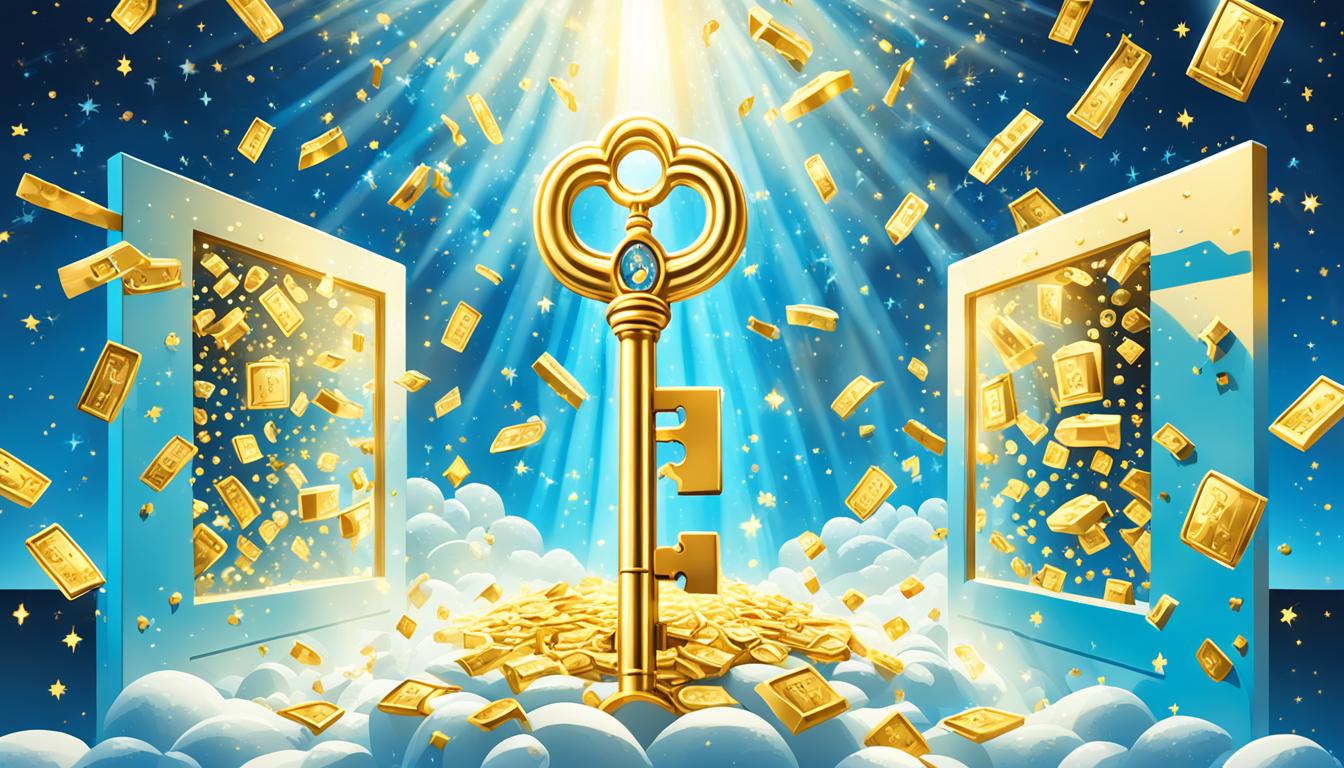 A golden key floating in a bright blue sky, surrounded by sparkling stars. The key is unlocking a door made of shimmering gold, which leads to a room filled with stacks of cash and overflowing treasure chests. Bright beams of light emanate from the door, shining onto the viewer and filling them with a sense of abundance and wealth.