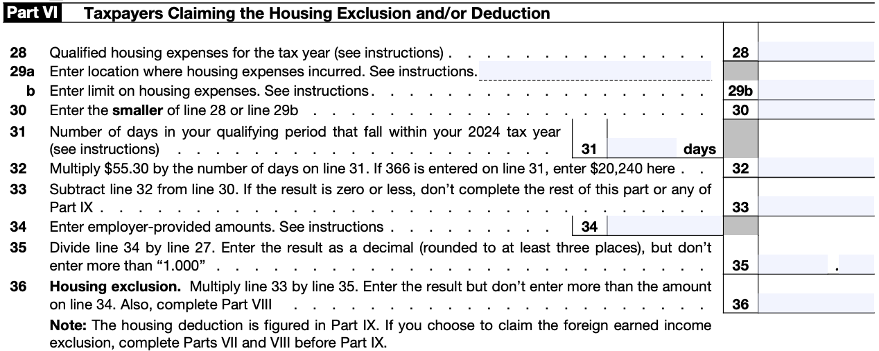 A screenshot of Part VI: Taxpayers Claiming the Housing Exclusion and/or Deduction on Form 2555
