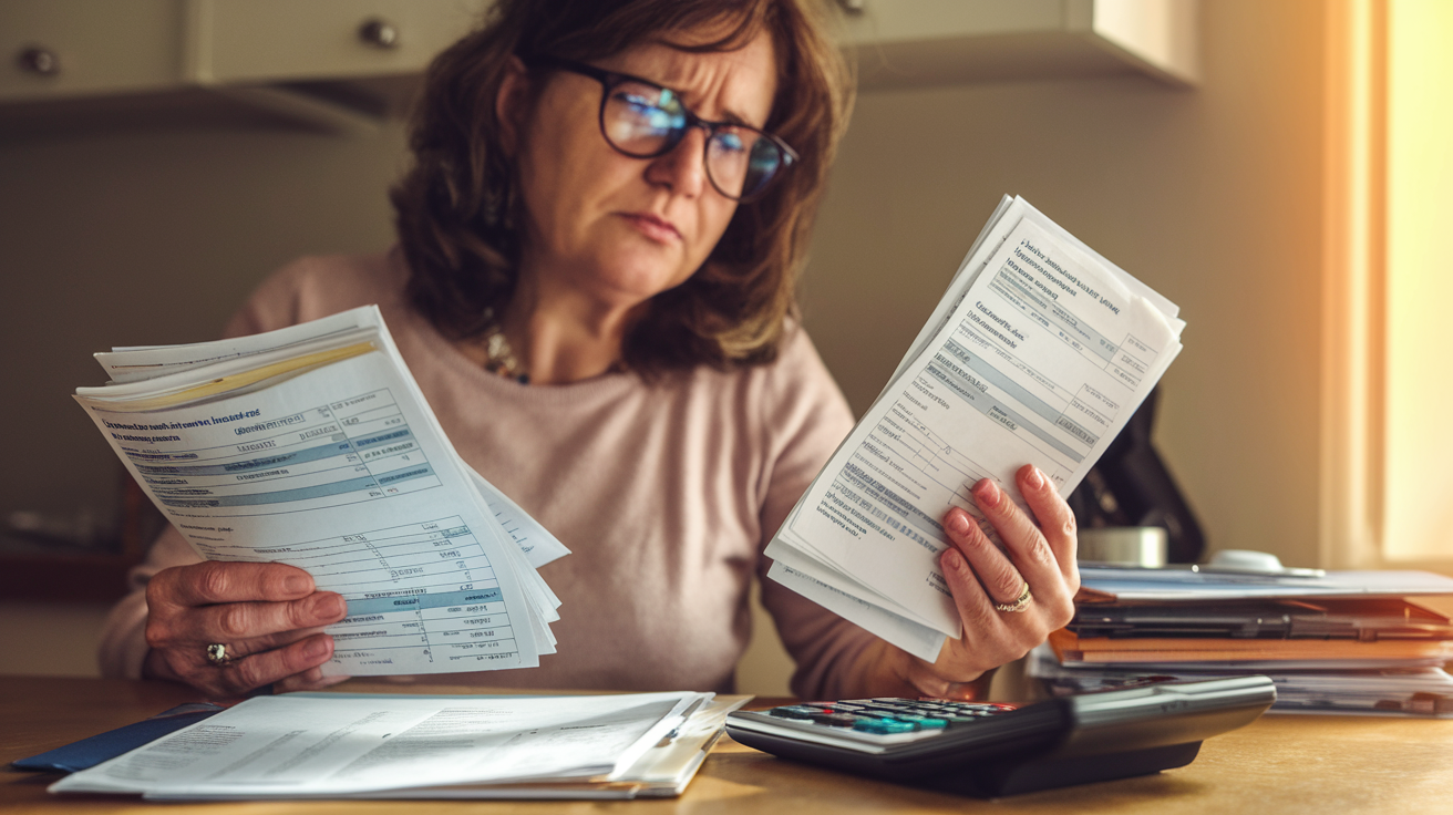 Create a realistic image of a concerned middle-aged white woman scrutinizing a complex medical bill at her kitchen table, with a calculator and health allowance card nearby, warm lighting from a window, and a stack of medical documents in the background, emphasizing the importance of checking for errors.