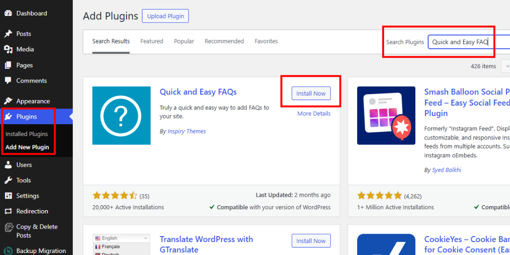 Install and Activate Quick and Easy FAQ Plugin