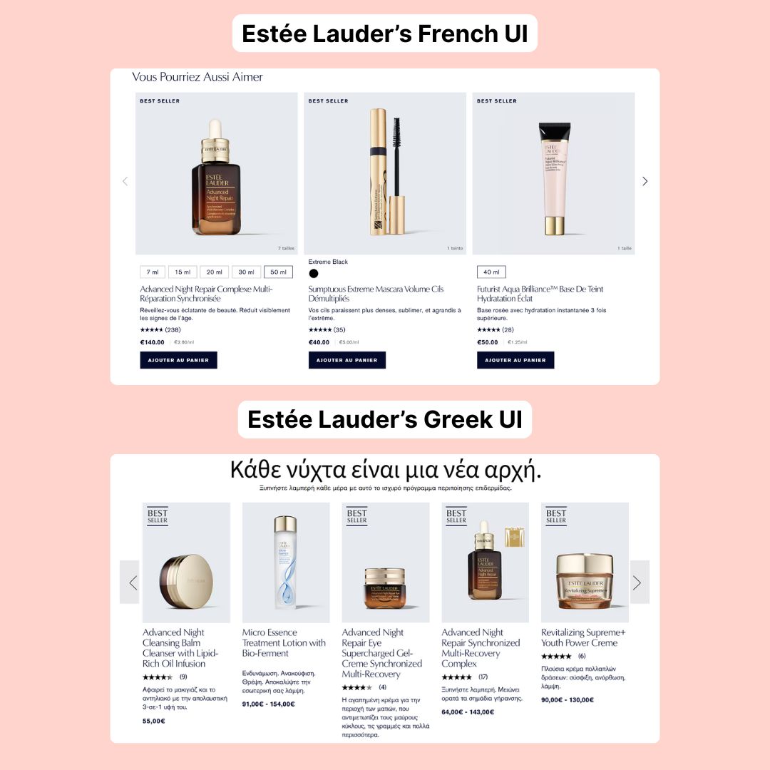 Estee lauder localized website UI