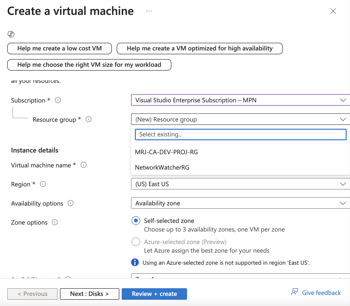 review + create VM