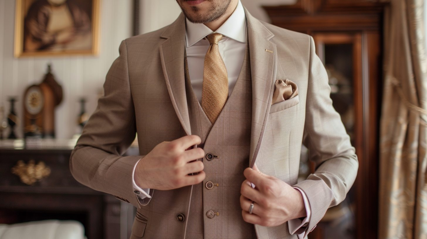 A man in a tailored three-piece suit, including vest, jacket, and trousers, dressed for a wedding or upscale event. Formal accessories like a pocket square and tie, elegant indoor setting.