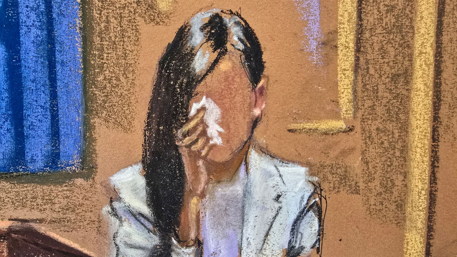 Courtroom sketch of anonymous witness ‘Jane’ wiping away tears while describing coerced encounters in Sean Combs case.