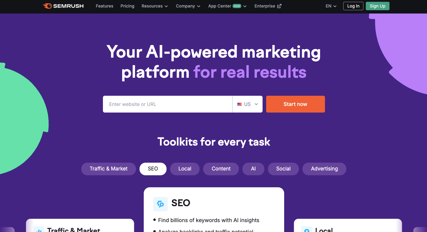 SEMrush marketing analytics platform interface designed for SEO, content strategy, social media, and competitor analysis across digital marketing campaigns.