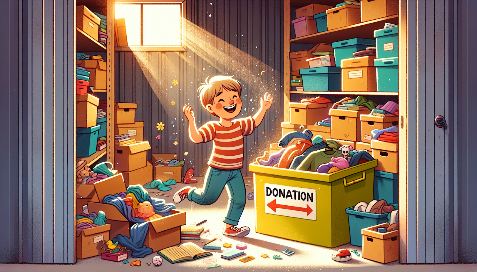 An illustration of a person cleaning out a storage unit with various items being sorted.