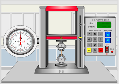 Screen shot of a virtual tensile tester experiment set up from the Flashy Science website