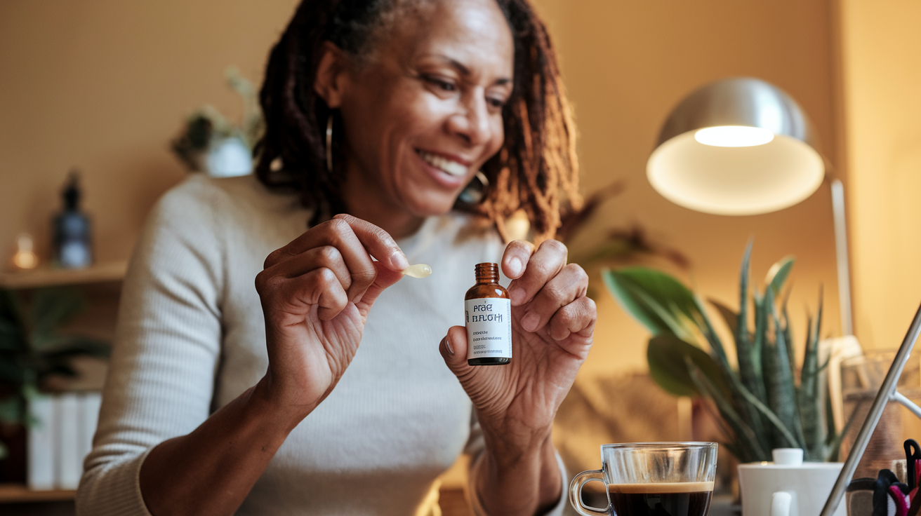 Create a realistic image of a smiling middle-aged black woman holding a small bottle of KeySlim Drops, looking energetic and active while working at her desk, with a cup of coffee pushed aside, warm natural lighting highlighting her focused but relaxed expression, suggesting sustained energy without caffeine-related nervousness.