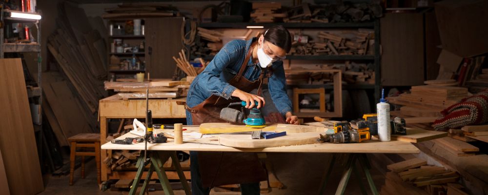 Someone working wood in a garage