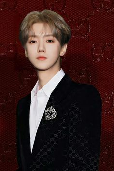 This  contain an image of Luhan's EXO wearing a black jacket and white shirt with a brooch on his lapel