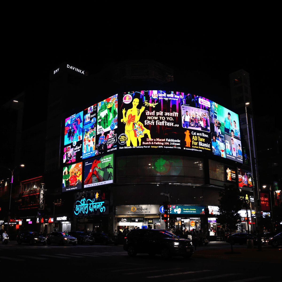 Bright digital billboard with colorful animated ads lighting up a busy urban street at night, surrounded by modern buildings and bustling city activity.