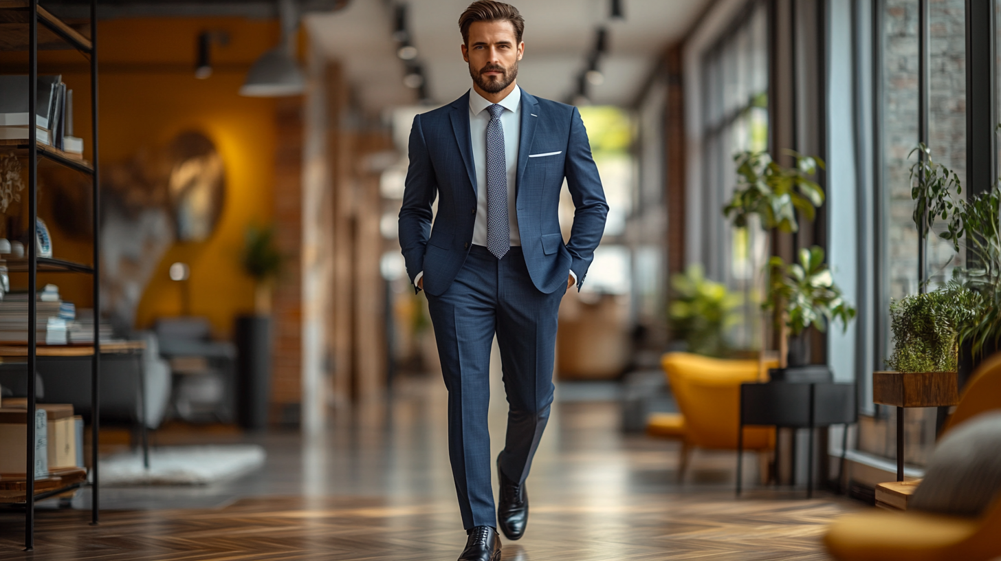 A professional individual seated in a minimalist office setting, dressed in a tailored blue suit with sleek black shoes, a white dress shirt, and a subtle solid-colored tie. The scene emphasizes professionalism and confidence.