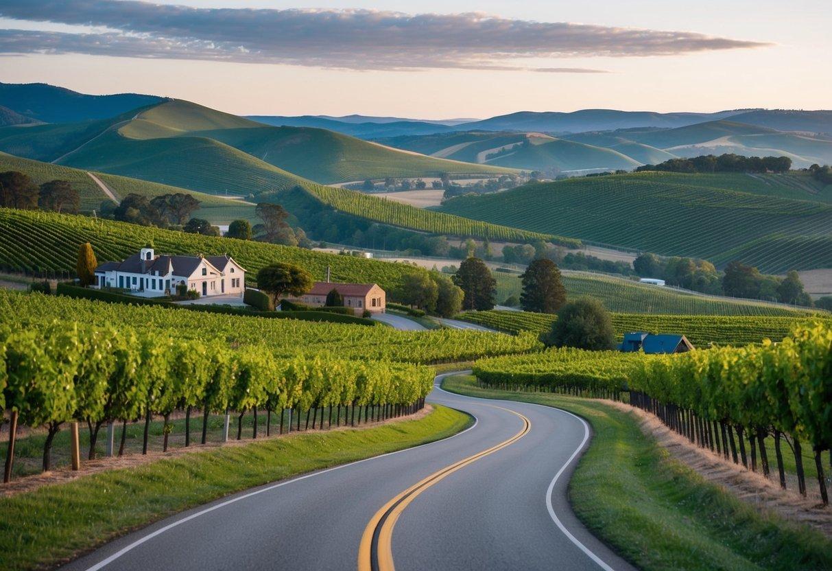 A winding road through lush vineyards with rolling hills and charming wineries nestled in the countryside of Hunter Valley