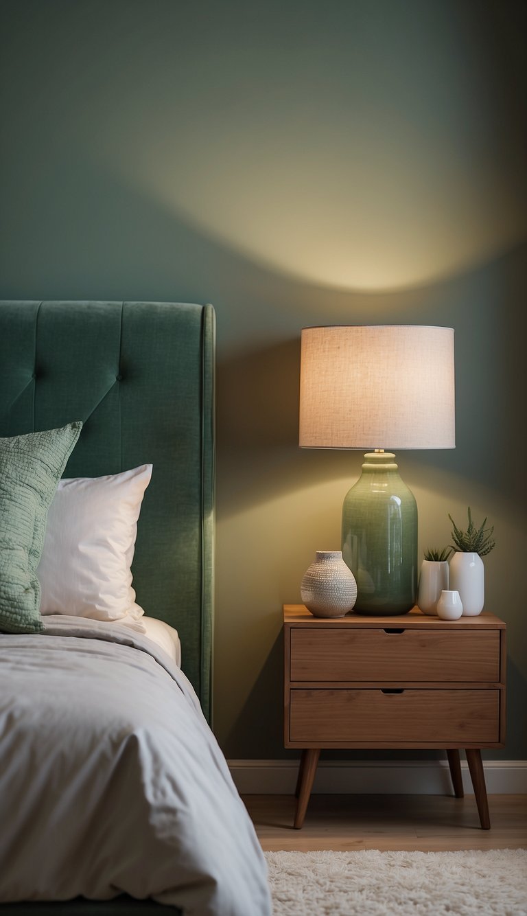 Sage green lampshades illuminate a serene bedroom with soft, natural hues