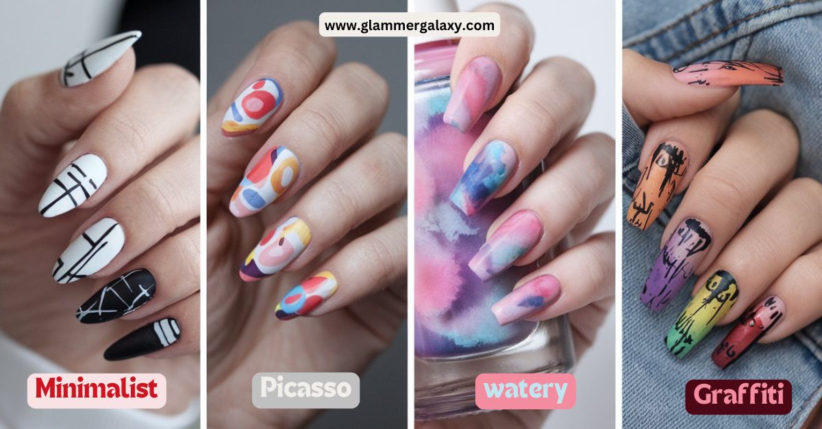 4 images with minimalist , picasso , watery and graffiti nail paint designs