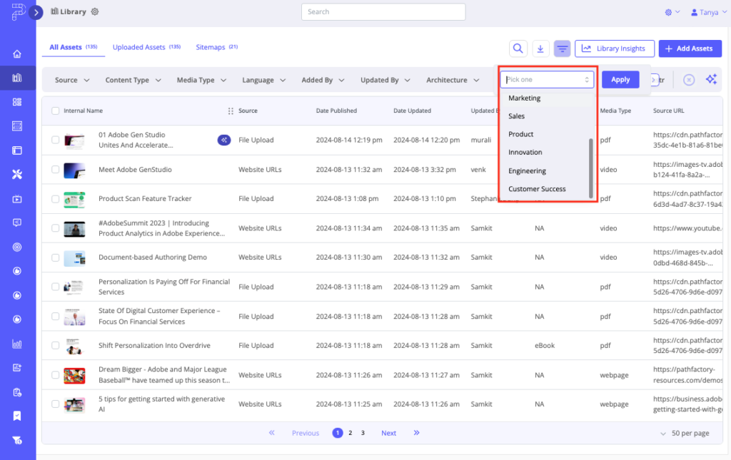 Content Library Filters in a Category