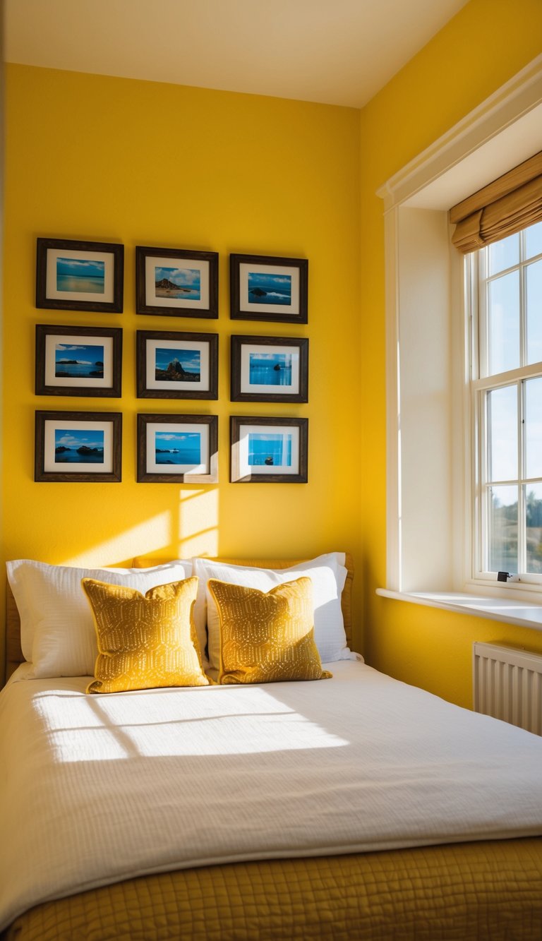 A cozy bedroom with yellow walls and Topaz picture frames hanging above a neatly made bed. Sunshine streams in through the window, casting a warm glow over the room