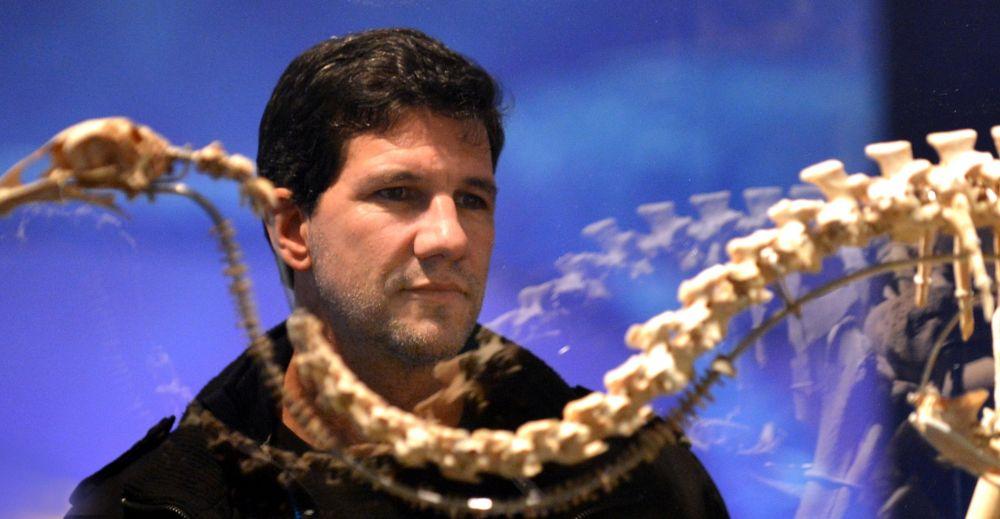 The University of Otago zoologist professor Phil Seddon at the Otago Museum standing behind the skeleton of a moa.