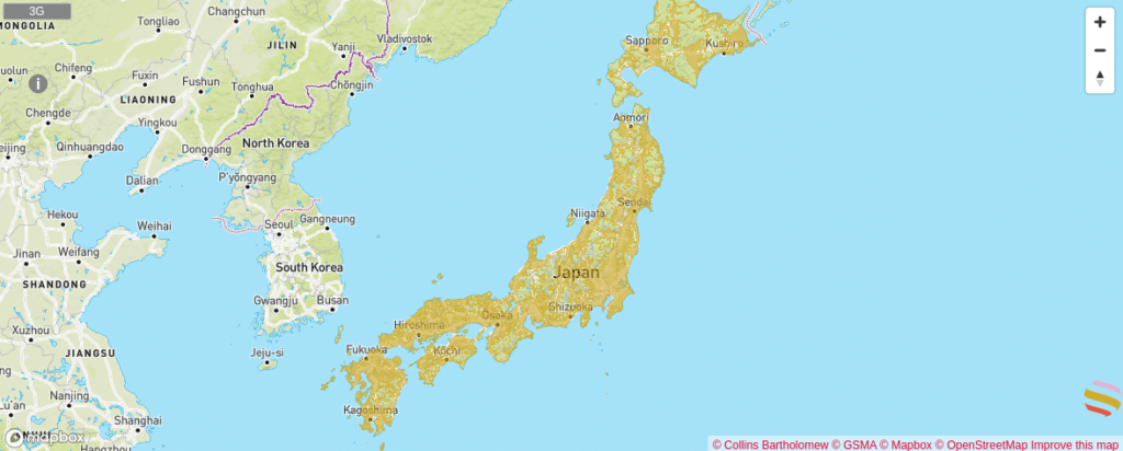 Mapa de cobertura eSIM en Asia, Japón