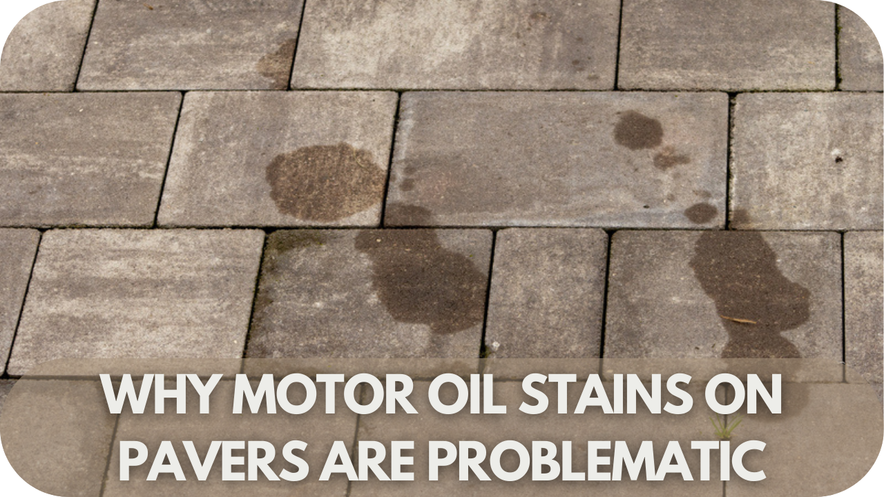 Close-up of motor oil stains on pavers highlighting the damage and unsightly appearance.