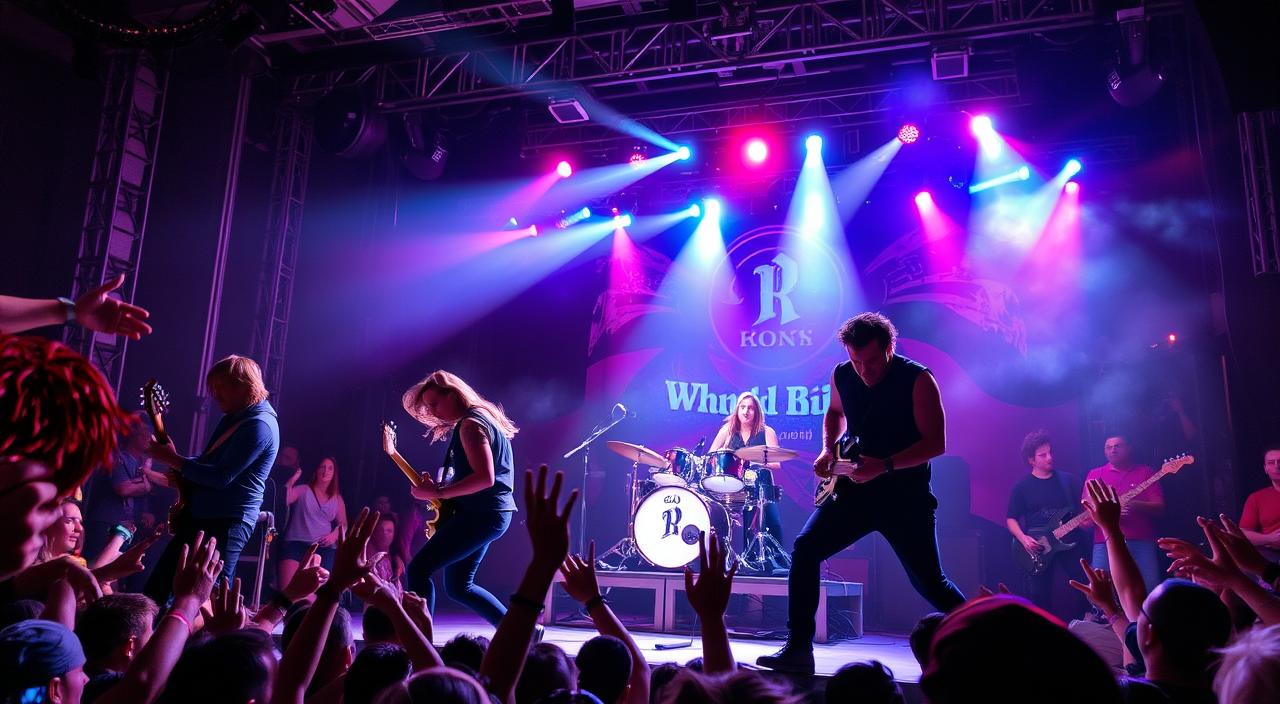 A dynamic rock concert scene featuring a powerful live performance by a band on a vibrant stage, with intense lighting effects, energetic crowd, and musicians passionately playing electric guitars and drums. The atmosphere is electric, capturing the essence of rock music with dynamic movement and emotional expressions.