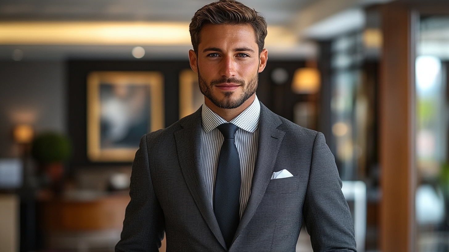 
A groom in a perfectly tailored black suit, wearing a stylish striped shirt underneath. The stripes add a touch of visual interest, giving the outfit a relaxed yet semi-formal vibe. The black suit provides a sharp contrast, while the striped shirt brings subtle texture and personality to the look. The groom stands confidently, accessorized with a tasteful tie or pocket square and polished shoes. The scene is set in a chic wedding venue, capturing the groom’s modern, stylish appearance as he walks down the aisle, blending classic elegance with a fresh, semi-formal twist.