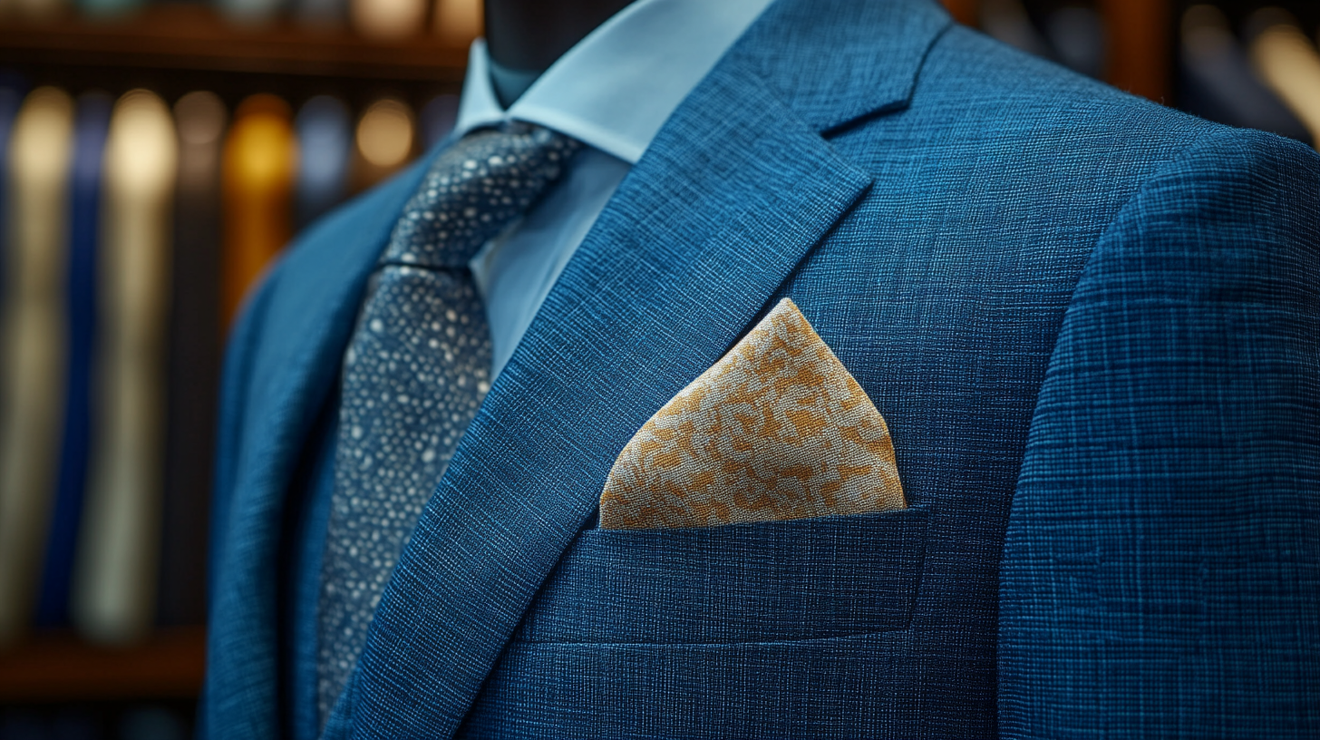 
A tailored blue suit styled with various pocket squares. One features a crisp white pocket square for a classic and neutral touch. Another showcases light gray or beige for understated elegance, while others include patterned options with subtle stripes or dots for added interest. Complementary shades of blue pocket squares are also displayed for a cohesive, monochromatic look. The focus is on the contrast and harmony between the blue suit and the pocket squares, with soft lighting highlighting their textures and details in a refined setting