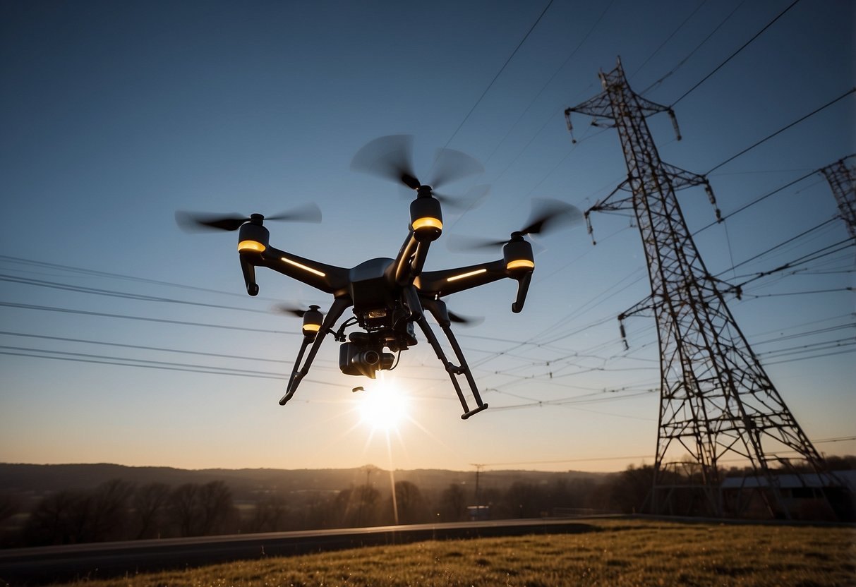 A drone hovers above a network of infrastructure, capturing detailed images of power lines, communication towers, and bridges. The sun casts long shadows, emphasizing the intricate patterns and structures below