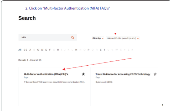 This is a screenshot of results after typing MFA in a search bar on FCPS Hub