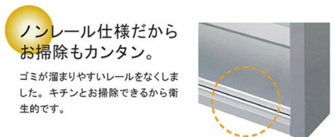 「ノンレール仕様だからお掃除もカンタン。」というキャッチコピーと、その説明文が記載されている。「ゴミが溜まりやすいレールをなくしました。キチンとお掃除できるから衛生的です。」と説明されており、溝のない扉の底部の拡大写真が示されている。