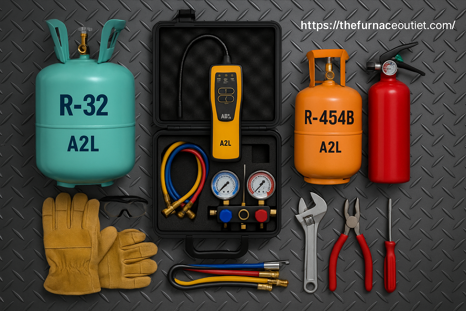 A high-resolution digital photograph displays HVAC safety gear and A2L refrigerant tools on a diamond-plate surface. Included are R-32 and R-454B refrigerant tanks, an A2L-specific leak detector, fire extinguisher, manifold gauges, hoses, safety gloves, goggles, and hand tools. The Furnace Outlet website branding appears at the top, emphasizing critical safety practices for HVAC professionals.