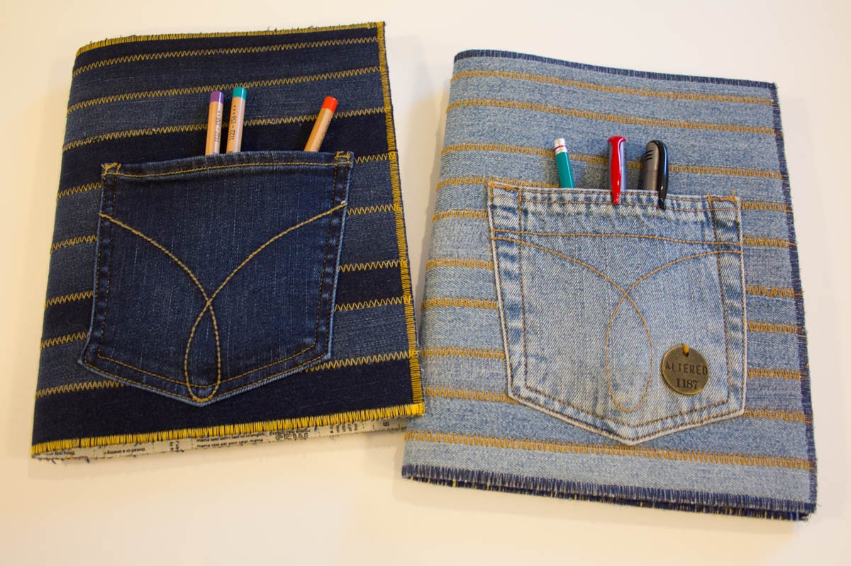 two denim book covers with pockets upcycled from jeans