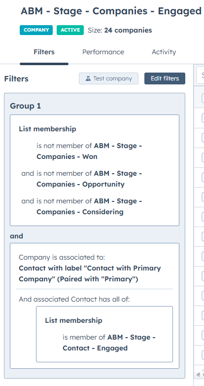 HubSpot List: Company ABM Stage - Engaged